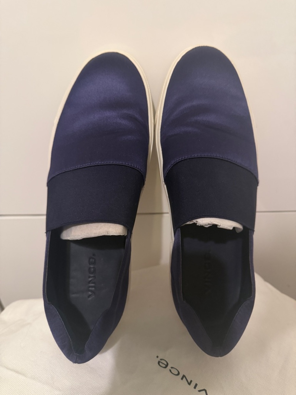 Vince Navy Satin Slip-On Loafers with White Soles